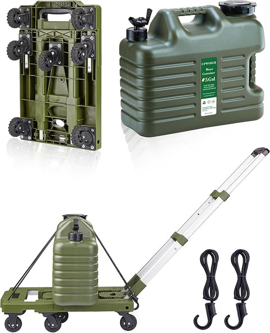5 Gallon Water Jug and 400 LB Multifunctional Folding Hand Cart,Green Hand Truck,BPA Free Thickened Water Tank,Portable Luggage Cart with 7 Tank Wheels and 2 Bungee Cords,Essential for Camping Hiking