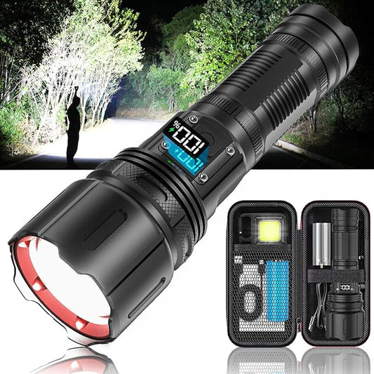 Flashlights High Lumens Rechargeable,Super Bright Tactical Flashlight with LCD Digital Display, 4 Modes Zoom Waterproof Powerful High Powered LED Flashlight for Emergencies Power Outage, Camping