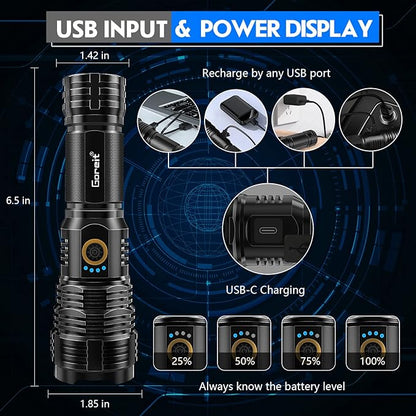 Flashlights LED High Lumens Rechargeable, Goreit 950000 Lumens XHP70.2 Super Bright Flashlight, Flash Light Battery Powered, Powerful Handheld Flashlight with holster for Emergency Camping Hiking Gift