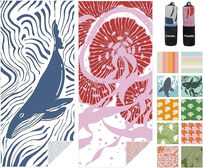 Eunzel 2 Pack Microfiber Beach Towel, Quick Dry Travel Towel Large Sand Free Towel for Beach, Camping, Swim Pool, Gym, Sports& Yoga 71"x32", Whale& Jellyfish