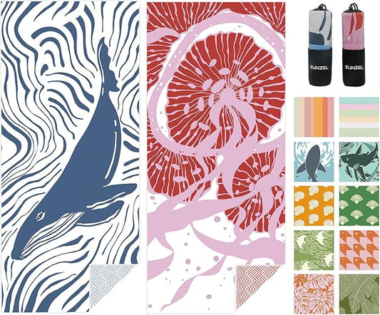 Eunzel 2 Pack Microfiber Beach Towel, Quick Dry Travel Towel Large Sand Free Towel for Beach, Camping, Swim Pool, Gym, Sports& Yoga 71"x32", Whale& Jellyfish