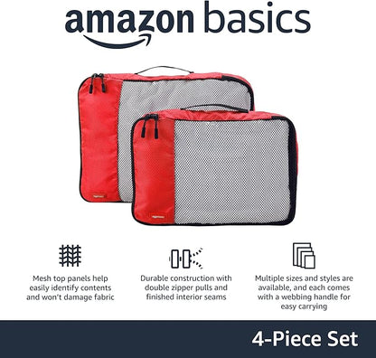 Amazon Basics Packing Cubes for Travel, Packing Organizers Set, 4-Piece-Set (2 Medium And 2 Large) With Double Zipper Pulls and Mesh Top Panel, 100% Durable Polyester, Red