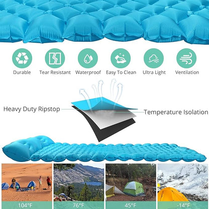 VINTEAM Double Sleeping Pad with Pillow Hand or Foot Self Inflating Camping Mat Durable 40D Nylon Camping Air Mattress Ultralight 2 Person Camping Sleeping Pad or Tent Hiking Camp Travel (Blue)