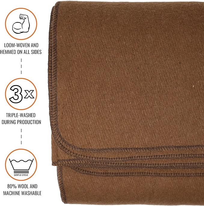 Arcturus Military Wool Blanket - Warm, Thick, Washable - Great for Outdoors, Camping, Stadium Blanket, Picnics, Travel - Car & Bushcraft Survival Kits, Large 64in x 88in 4.5 lb