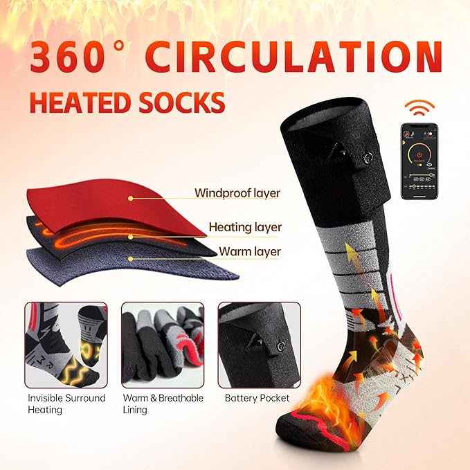 Electric Heated Socks, Rechargeable Heated Socks for Men Women Washable 2022 Upgraded Bluethooth APP Control 5000mAh Barrery Powered Feet Warmer Socks for Hunting Skiing Fishing Camping-XL