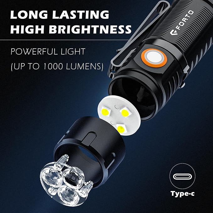 FORTO Mini Flashlight，LED Rechargeable Flashlight, 1000 Lumens Small Handheld Pocket Flashlight for EDC, Camping, Hunting, Hiking with 2 Light Modes, Water Resistant, Removable Clip, Black