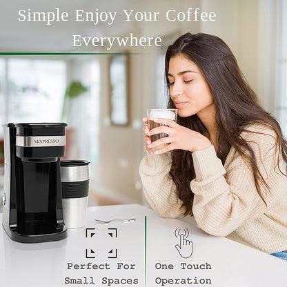 Mixpresso Personal Single Serve Coffee Maker & 14oz Travel Mug, Drip Small Coffee Maker & Tumbler, Auto Shut Off & Reusable Filter, Compatible with Coffee Grounds