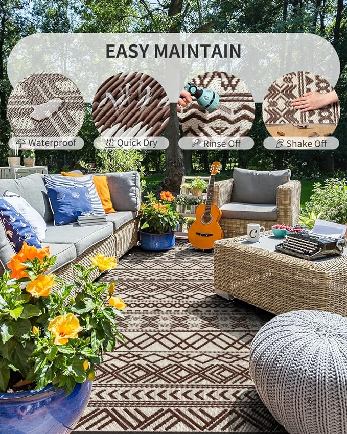 MontVoo-Outdoor Rug Carpet Waterproof 6x9 ft Reversible Patio Rug RV Camping Rug-Plastic Straw Rug Outside Indoor Outdoor Area Rug for Patio Deck Balcony Picnic Beach Outdoor Decor Boho Beige Brown