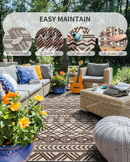 MontVoo-Outdoor Rug Carpet Waterproof 6x9 ft Reversible Patio Rug RV Camping Rug-Plastic Straw Rug Outside Indoor Outdoor Area Rug for Patio Deck Balcony Picnic Beach Outdoor Decor Boho Beige Brown