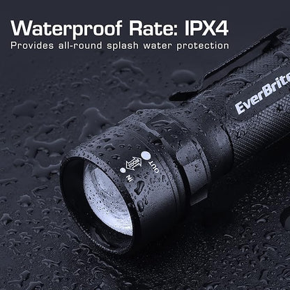 EverBrite 400 Lumens Aluminum LED Flashlight, Zoomable Flashlight with Lanyard&Clip, 4 Modes, IPX4 Waterproof, for Camping Hiking, Emergency, EDC, Survival Use, Batteries Included