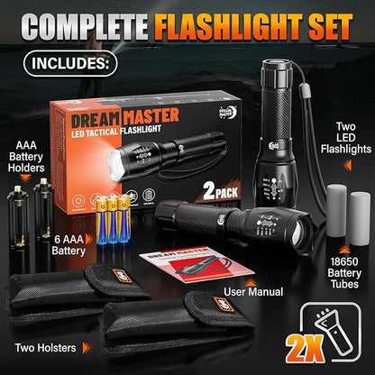 Dream Master 2 Pack LED Flashlights High Lumens with 6 AAA Batteries, 5 Modes Mini Waterproof Tactical Bright Flashlight for Camping Hiking, Fathers Day Dad Gifts for Him, Men, Dad