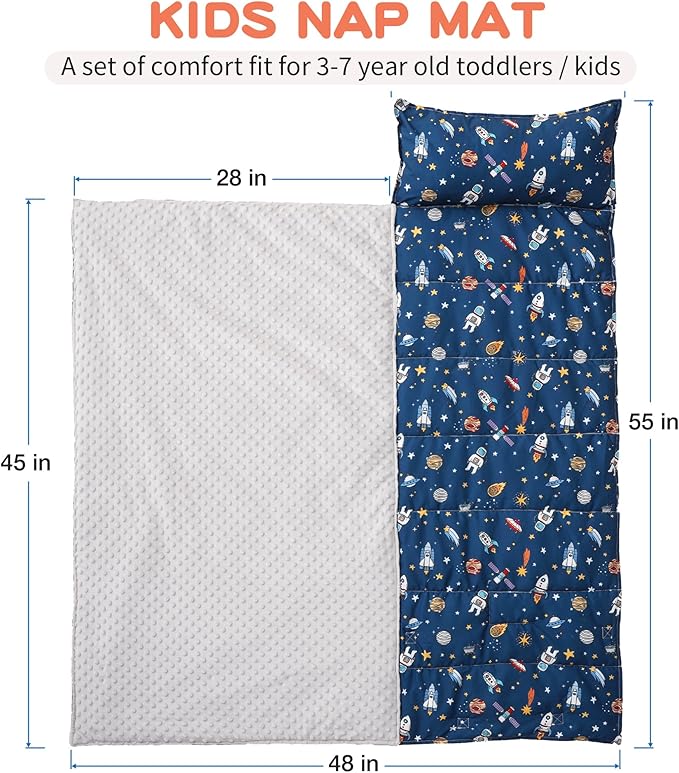 Bunnikins & Clover Toddler Nap Mat with Removable Pillow, Nap Mats for Preschool, Easy Clean Toddler Nap Pad for Kindergarten, Kids Sleeping Bag for Travel Camping