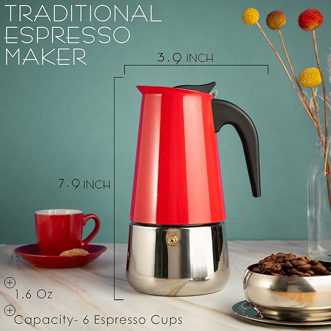 Mixpresso 6 Cup Greca Stovetop Espresso Maker 10oz, Moka Pot with Coffee Percolator Design, Stainless Steel Stove Top Coffee Maker for Camping or Home, Italian Coffee Maker Stovetop Red Coffee Pot