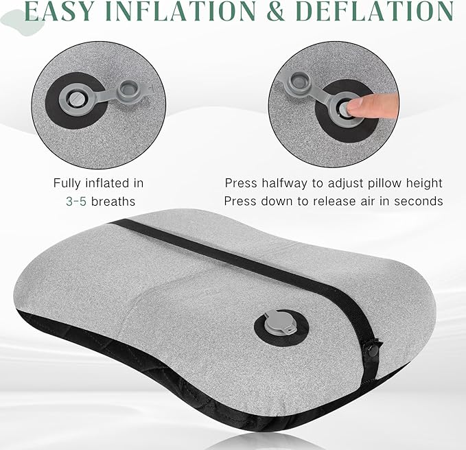 2 Pack Camping Pillow Inflatable Travel Pillow with Removable Cover Backpacking Pillow Blow up Pillow Neck Air Pillow Compressible for Lumbar Support, Travel, Hiking, Black and Grey