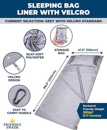 The Friendly Swede Sleeping Bag Liner Ultralight - Thin Travel Sheets for Hotel; Silky Feel Camping Sheets & Adult Sleep Sack for Backpacking and Hiking; Travel Sleeping Bag - Grey (Velcro)