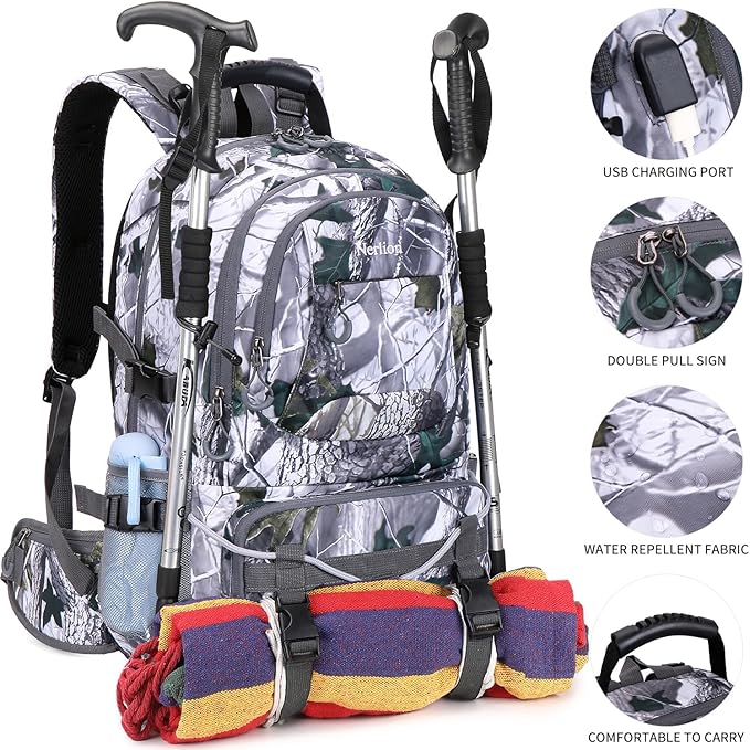 Nerlion 40L Hiking Backpack Travel Backpack for Men Women Camping Waterproof Outdoor Hiking Daypack Lightweight Backpack (White Leaves)
