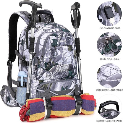 Nerlion 40L Hiking Backpack Travel Backpack for Men Women Camping Waterproof Outdoor Hiking Daypack Lightweight Backpack (White Leaves)