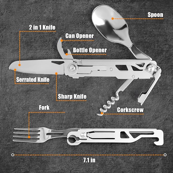 UMEINAC TECH Camping Utensils,7 in 1 Camping Utensil Set Camping Fork Spoon Knife Set Camp Backpacking Utensils Folding Cutlery Set for Travel Hiking