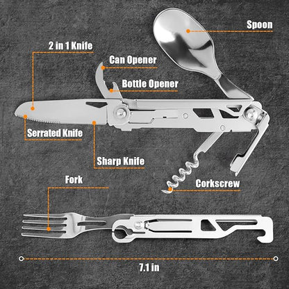 UMEINAC TECH Camping Utensils,7 in 1 Camping Utensil Set Camping Fork Spoon Knife Set Camp Backpacking Utensils Folding Cutlery Set for Travel Hiking