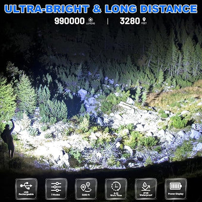 Cinlinso Flashlights High Lumens Rechargeable, 990,000 Lumens Super Bright Led Flash Light, 7 Modes with COB Light, IPX6 Waterproof, Handheld Powerful Flashlight for Home, Camping, Emerge∩cies