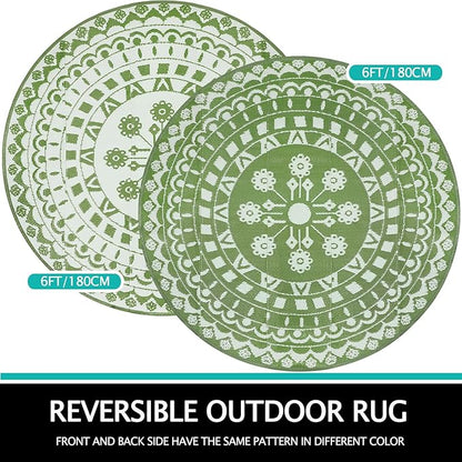 Capslpad 6Ft Round Outdoor Rug for Patios Clearance Reversible Mat Plastic Straw Patio Rugs Lightweight RV Camping Mat Circle Outside Area Rug Carpet for Balcony Deck Trailer Picnic BBQ,Green
