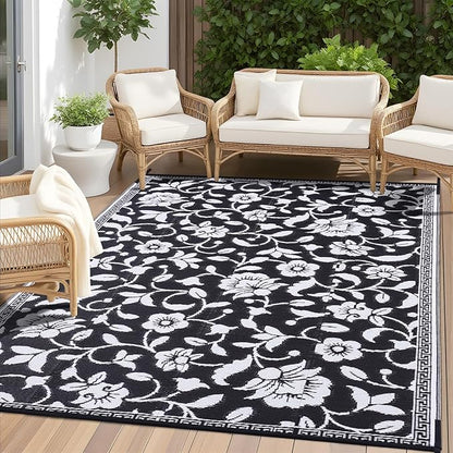 OLANLY Waterproof Outdoor Rug 6x9 ft, Outdoor Plastic Straw Rug with Flower Pattern, Reversible RV Mat for Patio, Camping, Balcony, Deck, Backyard, Black & White