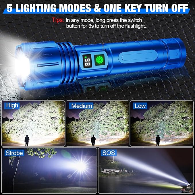 Flashlights High Lumens Rechargeable, 100000 Lumens Super Bright LED Powerful Flashlight, Type-C, 5 Modes, Zoomable, IPX5 Waterproof High Powered Tactical Flash Light for Emergency Camping,Blue