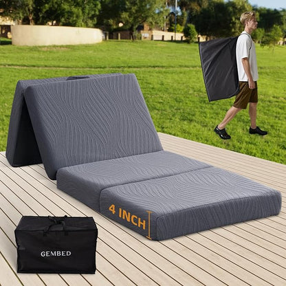Memory Foam Camping Mattress Pad, 4 Inch Thick Waterproof Foldable Sofa Bed Floor Mattress, Portable Sleeping Pad for Adult, Sleeping Mat for Travel RV Camping Guest Yoga