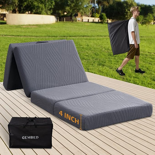 Memory Foam Camping Mattress Pad, 4 Inch Thick Waterproof Foldable Sofa Bed Floor Mattress, Portable Sleeping Pad for Adult, Sleeping Mat for Travel RV Camping Guest Yoga