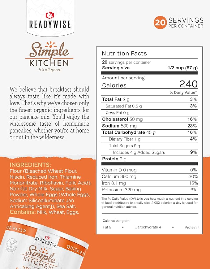 READYWISE - Simple Kitchen, Pancake Mix, 20 Servings, Emergency Food Supply, Canned, Survival Food, Baking Supplies, Pancakes, and Waffle Mix for Breakfast, Canned Breakfast, Pancake-Batter Mix