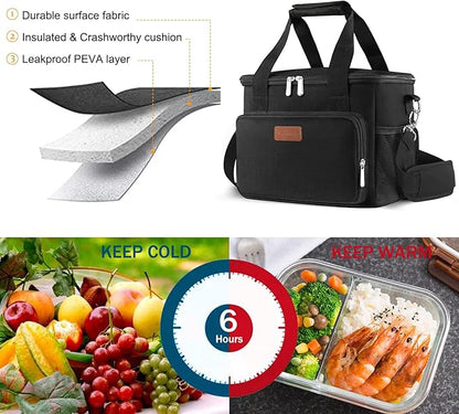 Femuar Lunch Bags for Women/Men, Insulated Lunch Bag for Work Office Picnic - Large Lunch Cooler Bag Leakproof Lunch Box with Adjustable Shoulder Strap for Adults - Black(15L)