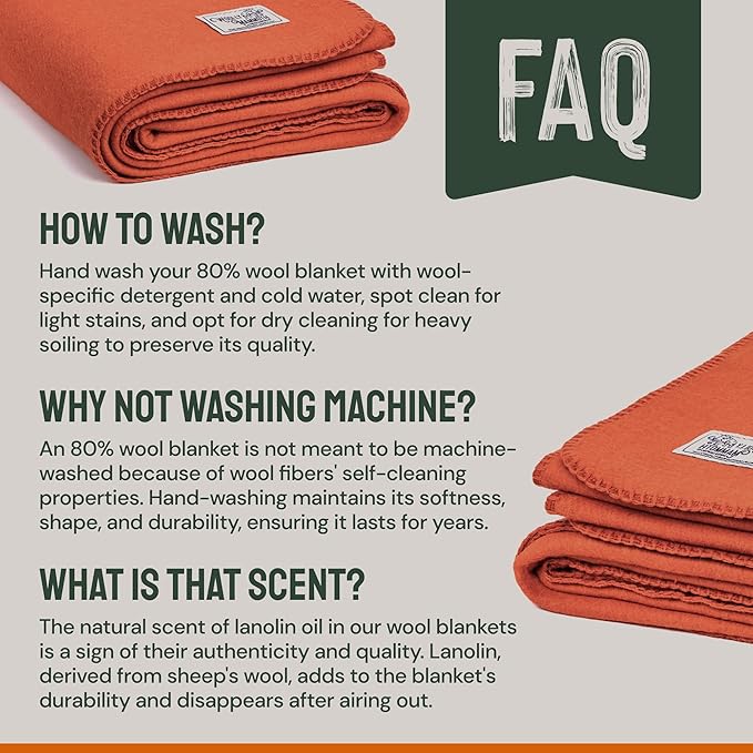 Woolly Mammoth Merino Wool Blanket - Large 66" x 90", 4LBS Camp Blanket | Throw for The Cabin, Cold Weather, Emergency, Dog Camping Gear, Hiking, Survival, Army, Outside, Outdoors – Orange