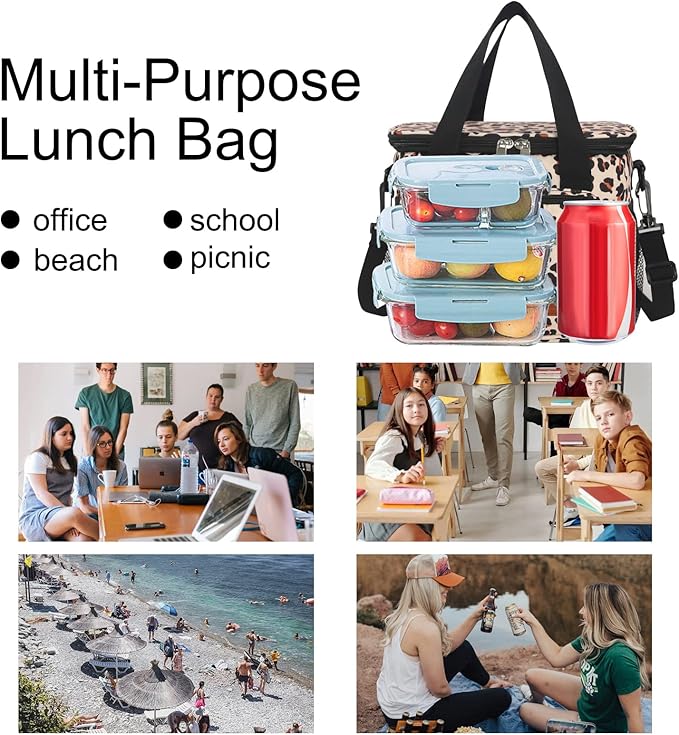 Femuar Lunch Bags for Women/Men, Insulated Lunch Bag for Work Office Picnic - Lunch Cooler Bag Leakproof Lunch Box with Adjustable Shoulder Strap - Leopard Print