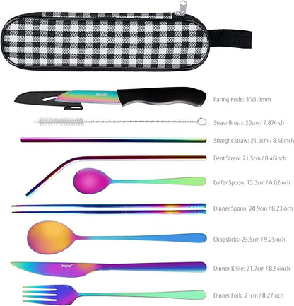 hecef 11 PCS Black Titanium Plating Travel Cutlery Set with Compact Carrying Case & Mesh Bag, Reusable Stainless Steel Utensils, Handy Flatware Set for Work, School, Camping and Travel