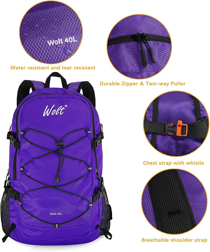 WOLT 40L Packable Travel Backpack, Foldable Lightweight Backpack for Men Women,Waterproof Hiking Bag for Outdoor Camping (Purple)