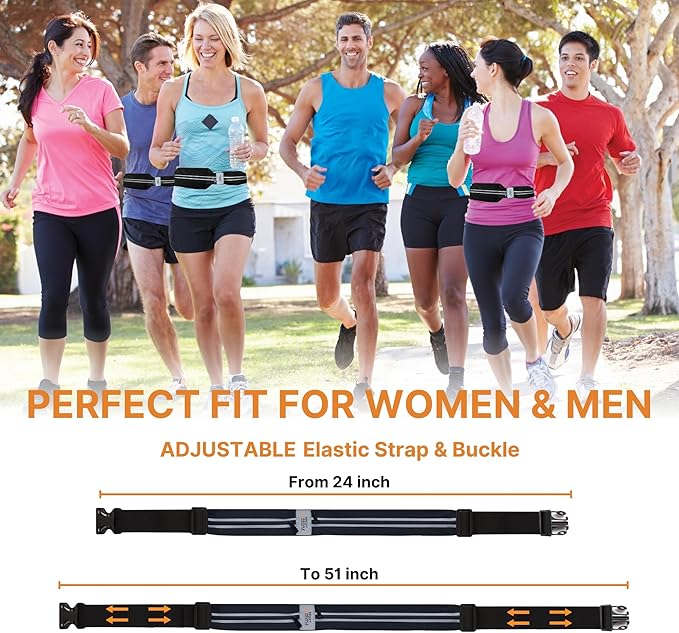 Slim Running Belt for Women and Men, Waterproof Phone Holder for Running, Reflective 2-Pocket Waist Pack for Storing Runner’s Essentials Safely, Runner’s Fanny Pack, Money Belt Fits Most Phones