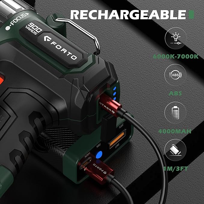 FORTO Compact Rechargeable Spotlight with Adjustable Focus, Handheld Spotlight with Stand, 823m Range, 3 Light Modes and LED Spot Lights Outdoor for Boating Hunting Camping Hiking，1400 Lumens
