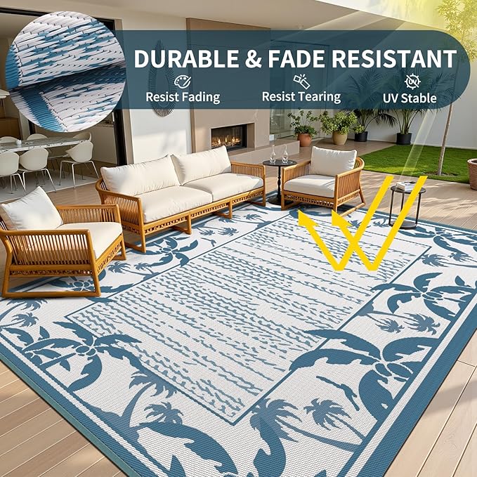COCOER Outdoor-Rug 8x10 ft Waterproof Reversible Outdoor Plastic Straw Rug RV Indoor Outdoor Carpet Quick Dry Patio Rug Camping Mat for Balcony Backyard Picnic Beach-Blue&White