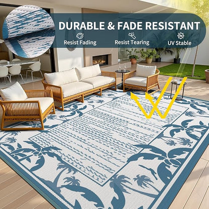COCOER Outdoor-Rug 8x10 ft Waterproof Reversible Outdoor Plastic Straw Rug RV Indoor Outdoor Carpet Quick Dry Patio Rug Camping Mat for Balcony Backyard Picnic Beach-Blue&White