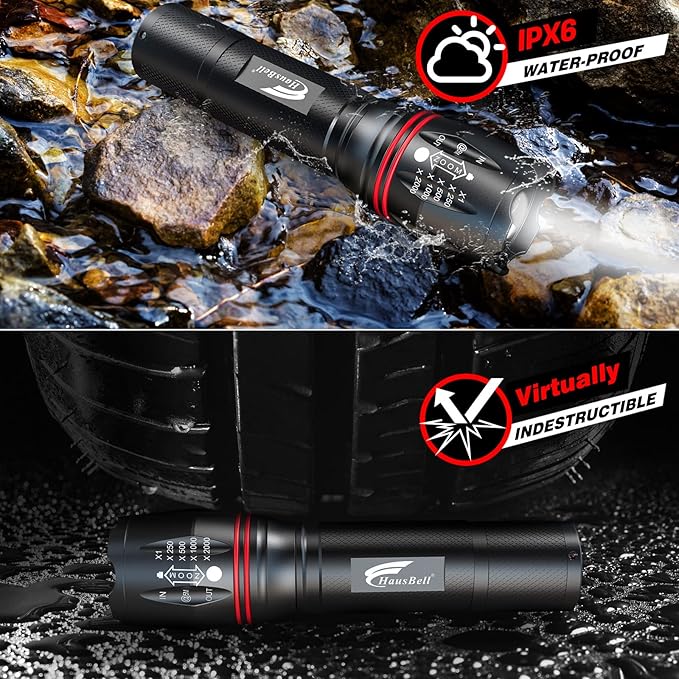 HAUSBELL T8 Upgraded LED Flashlight Bright, Zoomable Tactical LED Flashlights Flash Light with High Lumens and Five Modes and Camping Accessories, 2 Pack