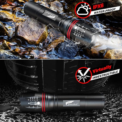 HAUSBELL T8 Upgraded LED Flashlight Bright, Zoomable Tactical LED Flashlights Flash Light with High Lumens and Five Modes and Camping Accessories, 2 Pack