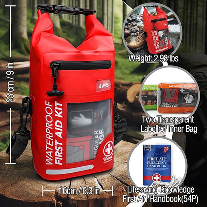 THRIAID 250 PCS Waterproof First Aid Kit, Roll Top Reflective Boat Dry Bag Bug Out Bag, Emergency Medical Kit Ideal for Boating, Camping, Fishing, Kayaking, Floating, Red
