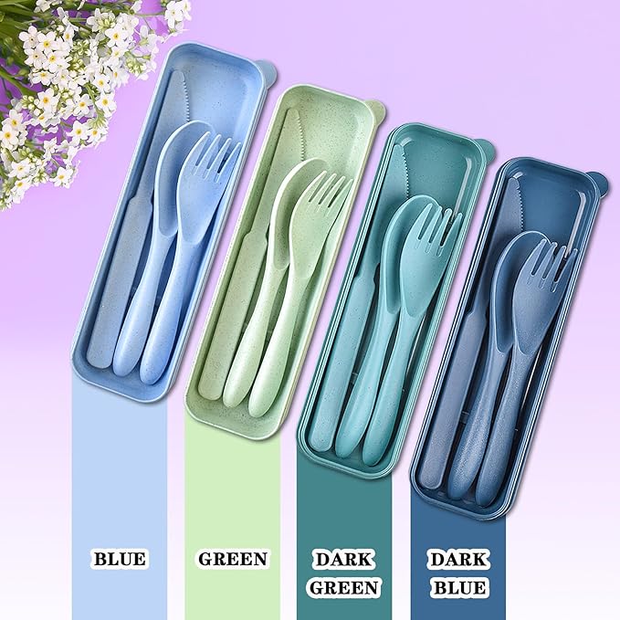 4 Set Reusable Utensils Set with Case, Travel Utensils with Case, Reusable Plastic Spoons and Forks Sets for Lunch Box Accessories, Portable Cutlery Set for Kids Adults Picnic Camping Work Use