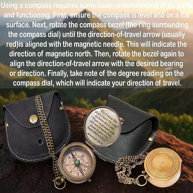 Engraved Brass Compass, Antique Nautical Vintage Directional Magnetic Compass, with Famous Scripture Quote, Baptism Gifts with Leather Case