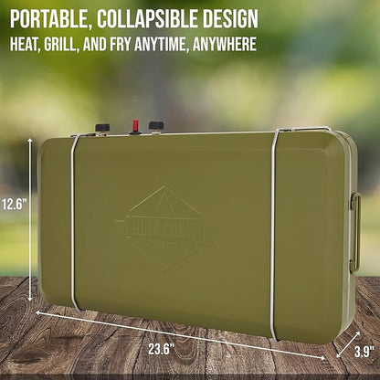 Hike Crew 2-in-1 Gas Camping Stove | Portable Propane Grill/Stove Burner w/Integrated Igniter & Stainless Steel Drip Tray | Built-in Carrying Handle, Foldable Legs & Wind Panels | Includes Regulator
