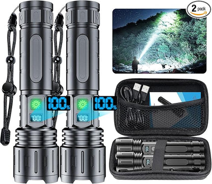 Flashlights 20000 High Lumens Rechargeable - 20H Runtime 1500 Meters Long Beam Super Bright LED Flash Light with Power Display & IPX5 Waterproof for Camping, 5 Modes, Zoomable Handheld Flashlight,2pcs