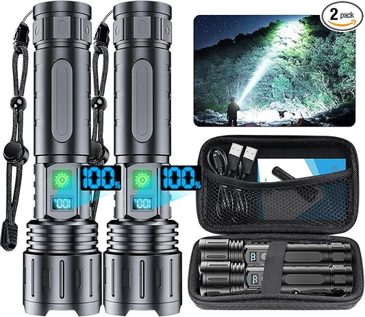 Flashlights 20000 High Lumens Rechargeable - 20H Runtime 1500 Meters Long Beam Super Bright LED Flash Light with Power Display & IPX5 Waterproof for Camping, 5 Modes, Zoomable Handheld Flashlight,2pcs