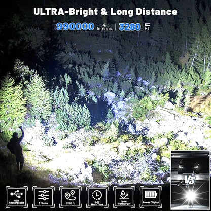 BERCOL Rechargeable Flashlights High Lumen, 990,000 Lumens Super Bright Magnetic Flash Light, 7 Modes with Cob Work Light, Powerful Led Flashlight with Holster for Camping, Emergencies, Home