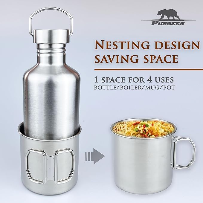 Canteen 42oz Single Wall Water Bottle with 24oz Nested Camping Cup and Carrier Bag, Stainless Steel, Bushcraft Gear, Wide Mouth Water Bottle, Survival Gear, Water Boiler, Self Reliance