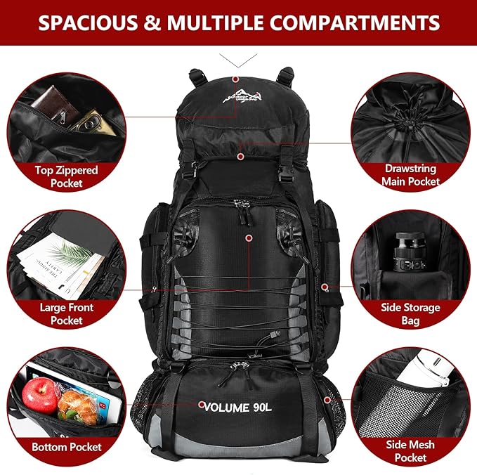 Hiking Backpack with Rain Cover, 90L Camping Backpack, Lightweight Travel Daypack for Hiking Climbing Camping Touring -No Internal Frame